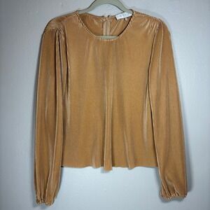 WAYF Gold Pleated Long Sleeve Blouse Plissé Crew Neck Top Mustard Yellow Medium